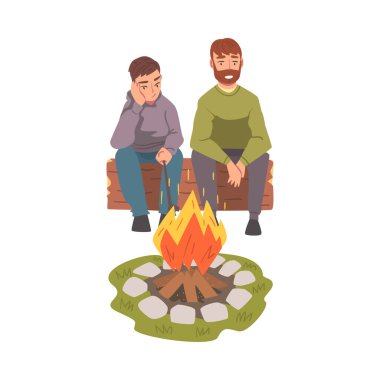 Baba ve Oğul Kamp Ateşinin Yanında Oturuyor, Aile Yürüyüşü, Yaz Tatili Çizgi Filmi Şekil Gösterimi 'nde Kamp ve Rahatlama