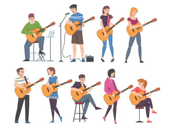 Men and Women Playing Acoustic Guitar Set, Musician Guitarist Characters Performing at Concert Cartoon Style Vector Illustration — Stock Vector