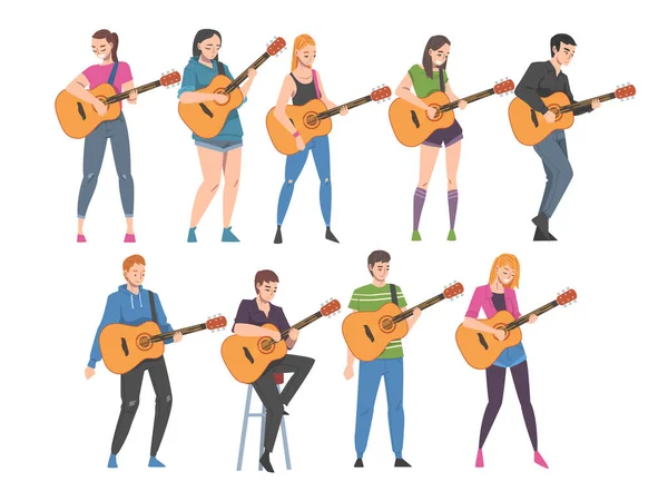 Gente tocando guitarras, músico tocando cuerdas en actuaciones musicales o aprendiendo a tocar instrumentos musicales Dibujos animados Estilo Vector Ilustración — Vector de stock