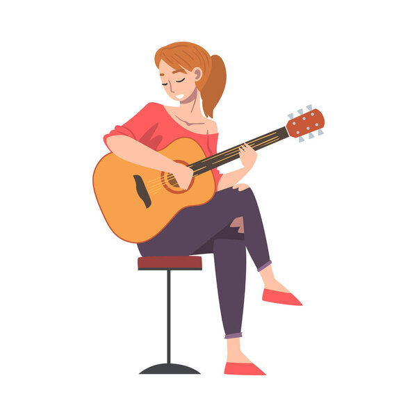 Beautiful Woman Sitting on High Chair Playing Acoustic Guitar, Girl Musician Playing Strings at Musical Performance Cartoon Style Vector Illustration