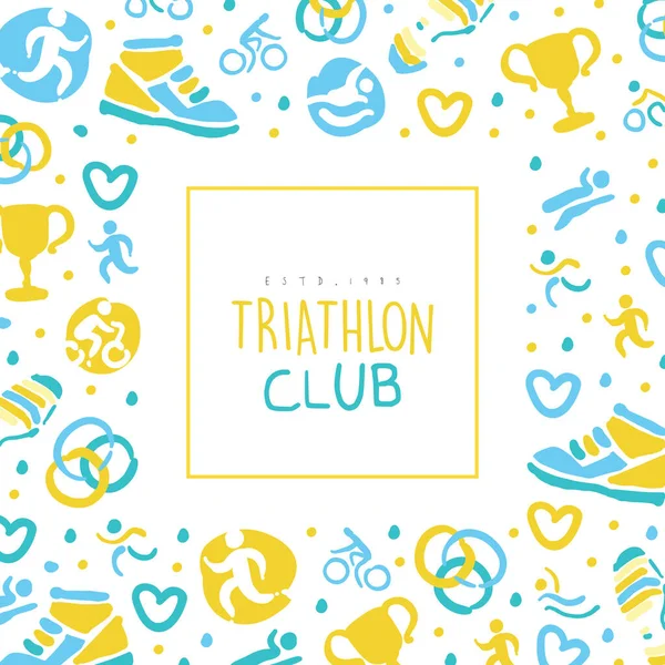 Plantilla de Banner del Club de Triatlón, Evento Deportivo, Maratón, Competencia, Invitación al Campeonato, Banner, Cartel, Logo Dibujado a Mano Vector Ilustración — Vector de stock