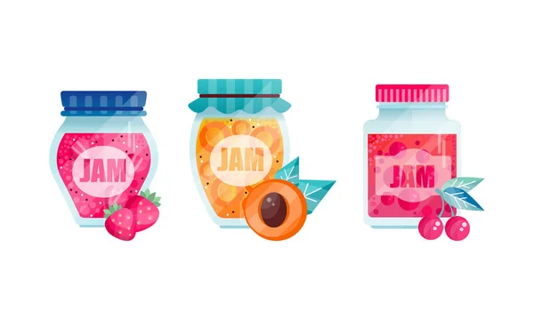 Jam or Marmalade as Fruit Preserve in Glass Jar Vector Set — Stock Vector