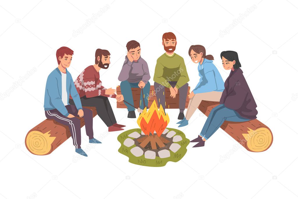 Group of Friends Sitting Near Campfire Warming and Talking, Tourist People Hiking Together and Resting at Summer Camp or Picnic Cartoon Style Vector Illustration