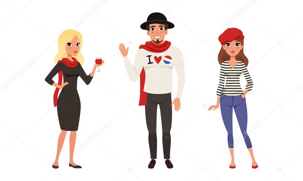 Male and Female Parisian Characters Wearing Red Scarf and Beret Waving Hand and Holding Glass of Wine Vector Illustration Set