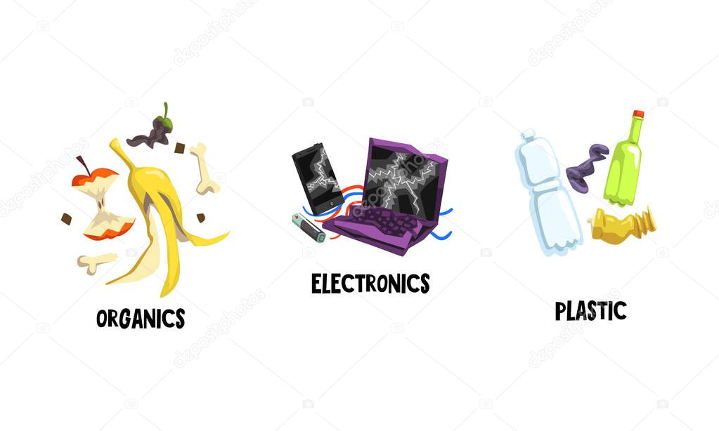 Garbage with Electronics, Plastic and Organic Waste Vector Set