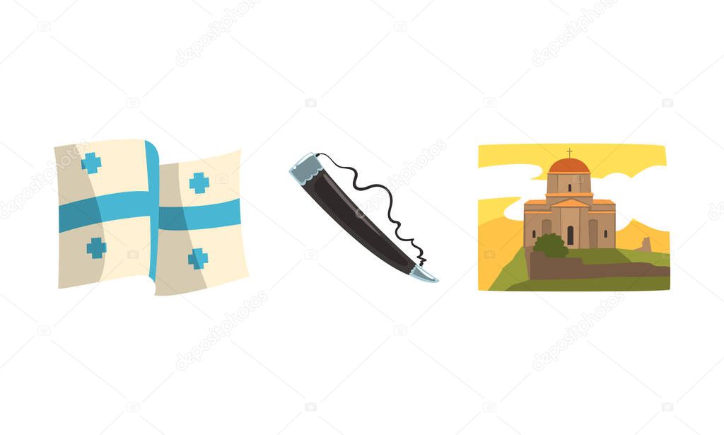 Georgia National Symbols with Horn, Flag and Cathedral Vector Set