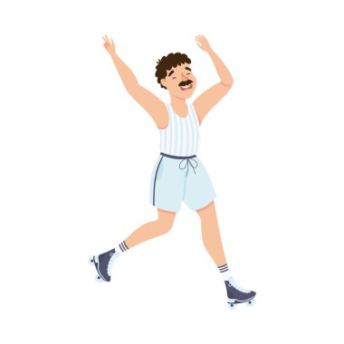 Bıyıklı Adam Karakteri Paten Üzerinde Dans Etme Düzenli Hareket Vektörü Resimleri Gösteriyor