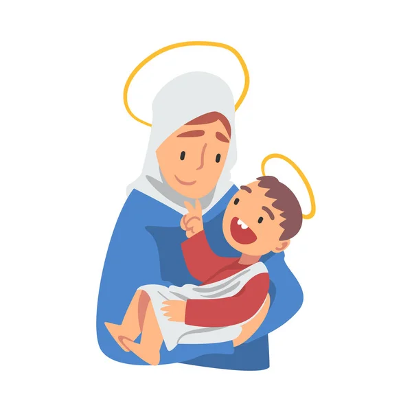 María sosteniendo al Niño Jesús con su brazo como narrativa de la ilustración vectorial bíblica — Vector de stock