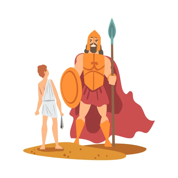 Goliat El gigante filisteo y el joven David como narrativa de la Biblia Vector Illustration — Vector de stock