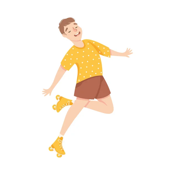 Excited Man Character Dancing on Roller Skates Vector Illustration — Stock Vector