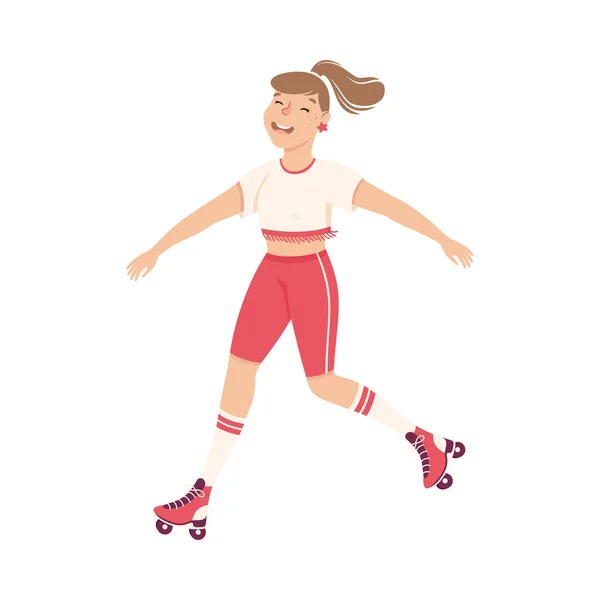 Cheerful Woman Character Dancing on Roller Skates Vector Illustration. — Stock Vector