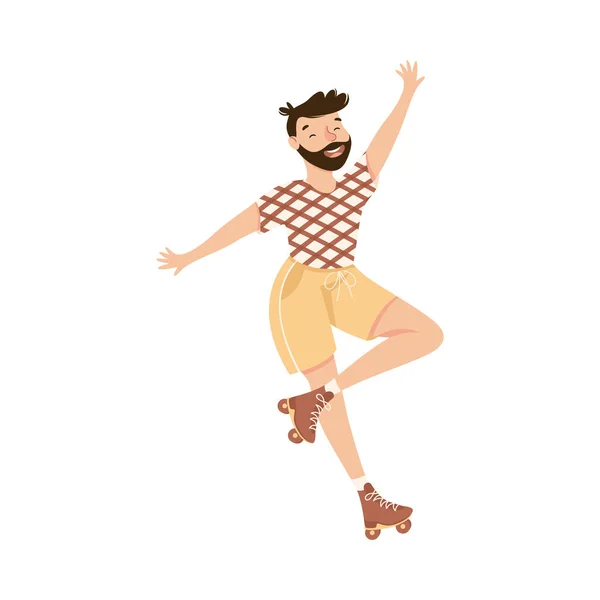 Bearded Man Character Dancing on Roller Skates Performing Tricky Movement Vector Illustration — Stock Vector