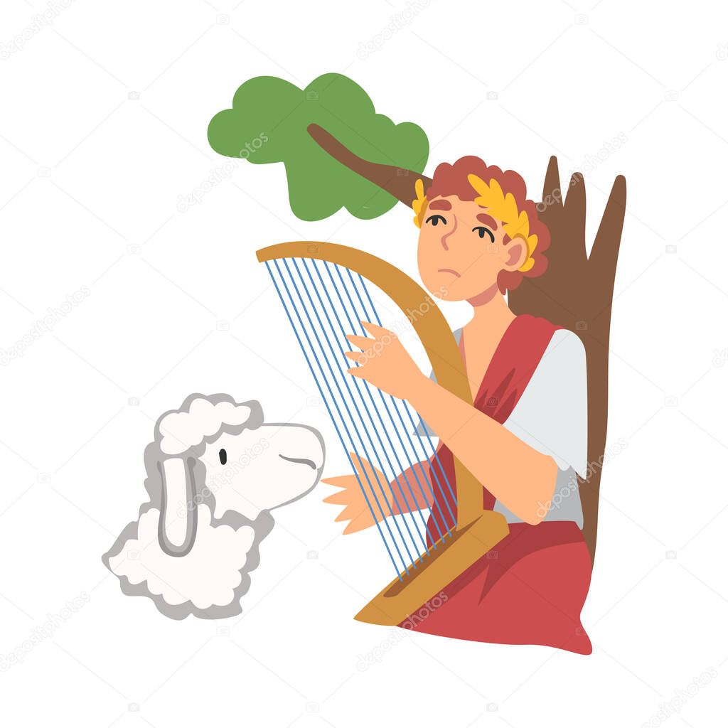 David King of Israel Playing Harp as Narrative from Bible Vector Illustration