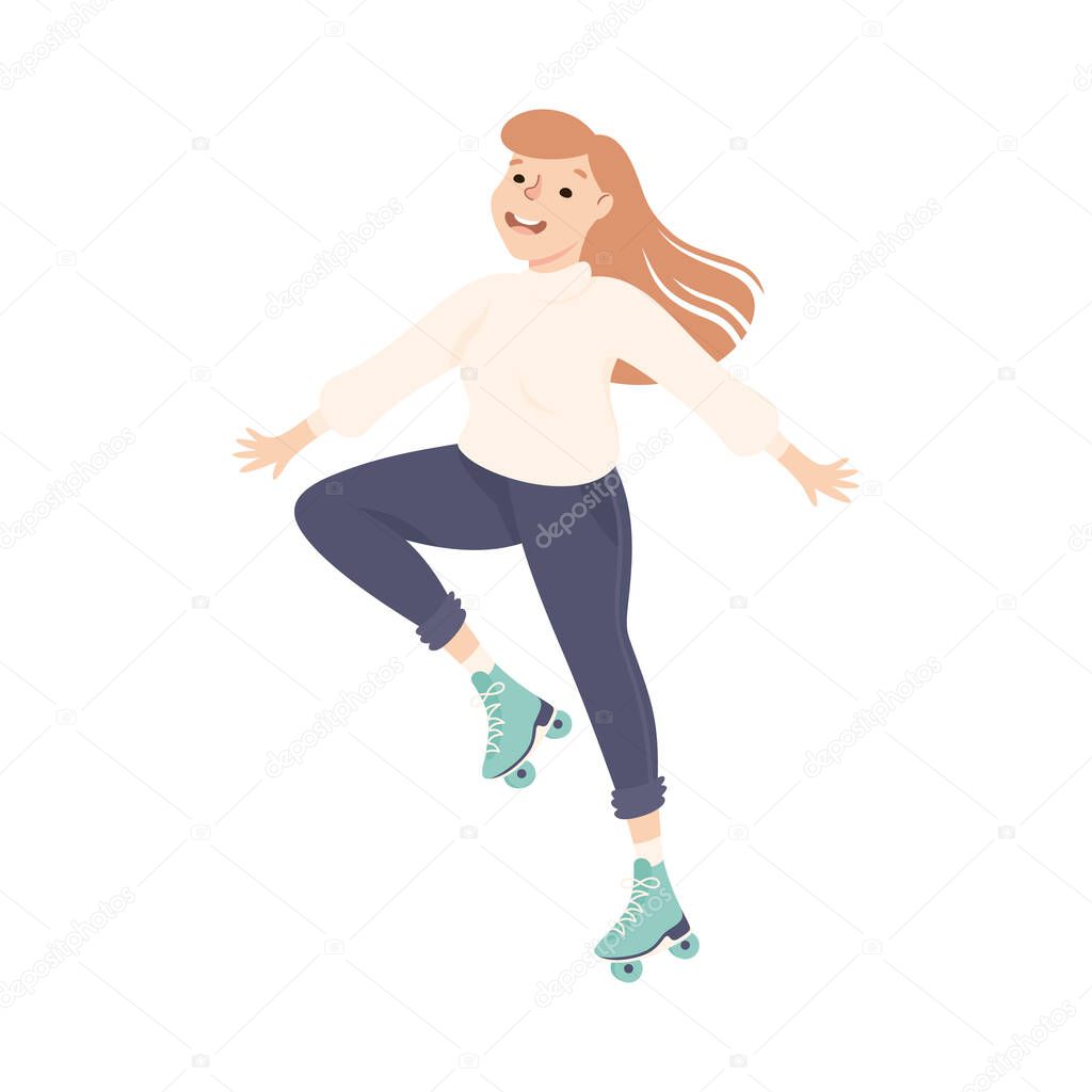 Cheerful Woman Character Dancing on Roller Skates Vector Illustration.