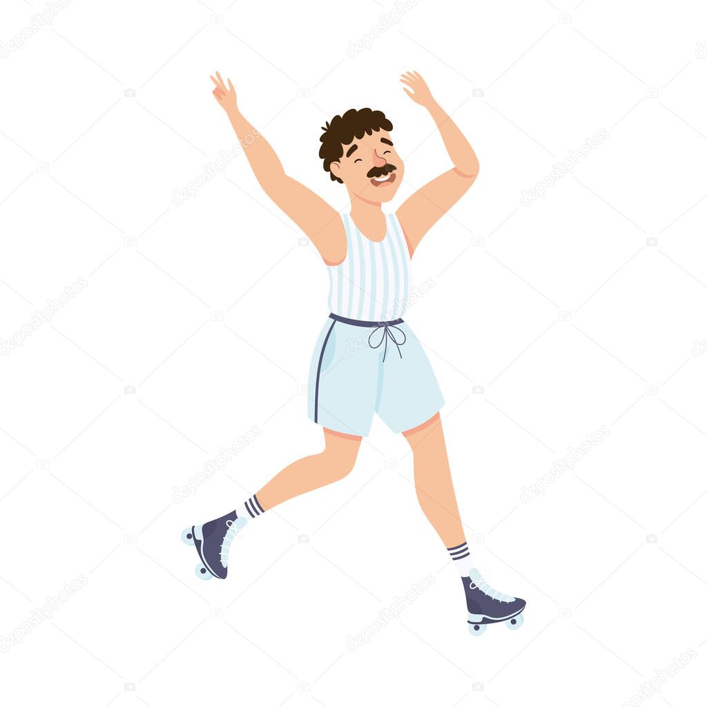 Moustached Man Character Dancing on Roller Skates Performing Tricky Movement Vector Illustration