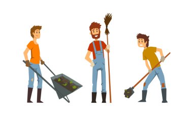 Bahçede el arabası ve kürek vektörü setiyle çalışan genç çiftçi.