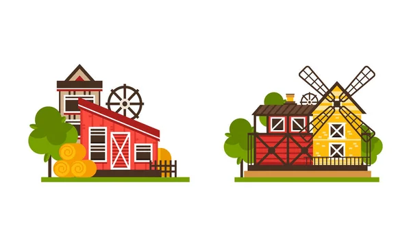 Obszary wiejskie z domem i budynkiem spoczywa na Green Lawn Vector Set — Wektor stockowy