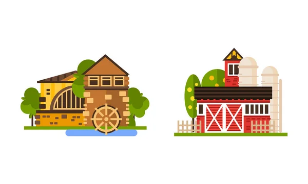 Rural Farm Area with House and Building Rested on Green Lawn Vector Set — Stock Vector