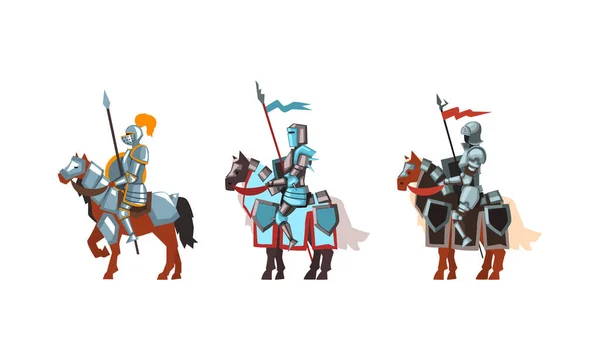 Cavaleiro medieval blindado ou cavaleiro sentado a cavalo segurando conjunto de vetor de lança — Vetor de Stock