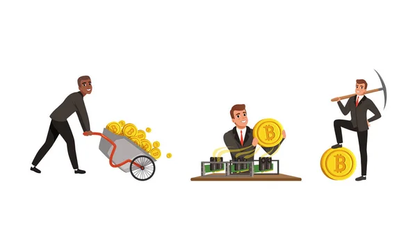 Homme d'affaires caractère extraction Crypto-monnaie tirant brouette avec or Bitcoins vectoriel Set — Image vectorielle