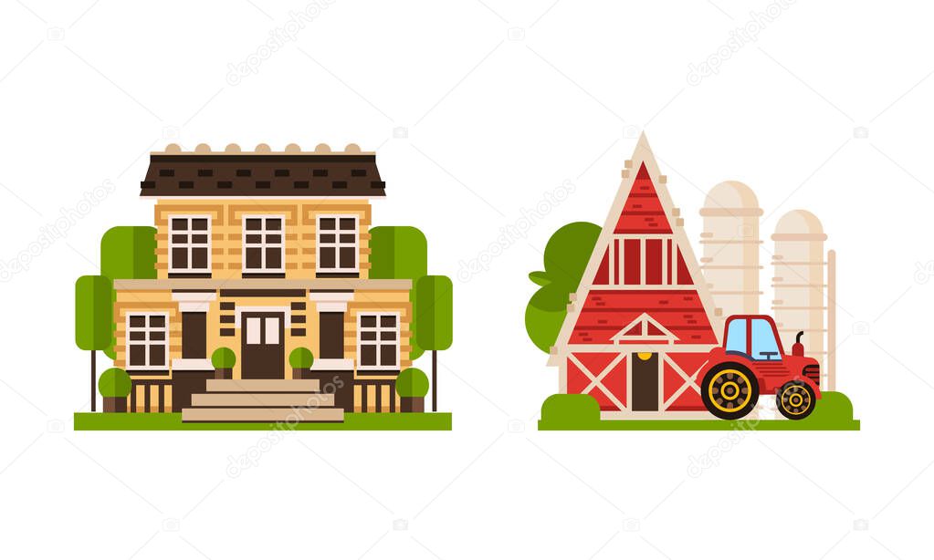 Country and Village House and Building Rested on Green Lawn Vector Set