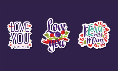 Çiçek Vektörü Ayarlı Sevgi Mektubu Etiketleri ve Rozetleri