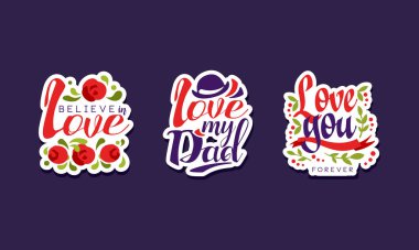 Çiçek Vektörü Ayarlı Sevgi Mektubu Etiketleri ve Rozetleri