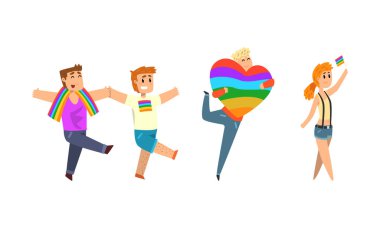 Lgbt Topluluğu Bayrak Tutma ve Onur Yürüyüşü Vektörü Olarak Gey ve Lezbiyen Karakterleri