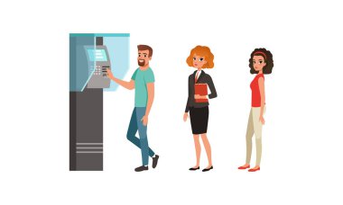 Halk Karakterleri ATM Makine Vektör İllüstrasyonunun yanında kuyrukta bekliyor