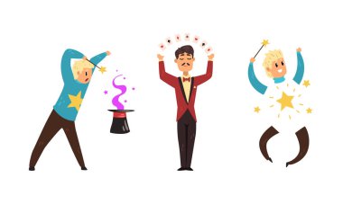 Sarışın Adam Sihirbaz Gösteri Numaraları Gösteriyor ve Eğlence Vektörü Ayarları Odaklanıyor