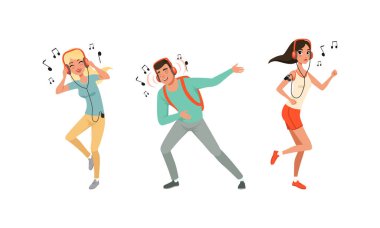 Kulaklıklı Erkek ve Kadın Karakteri Müzik Dinliyor ve Müzik eşliğinde Dans Ediyor