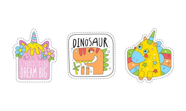 Cute Dinosaur and Unicorn Patches and Stickers Vector Set — Stock Vector