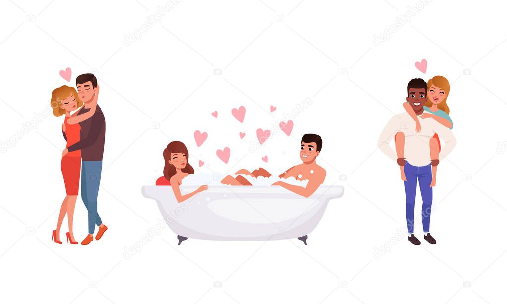 Loving Couples of Man and Woman Embracing, Kissing and Bathing Together Vector Set