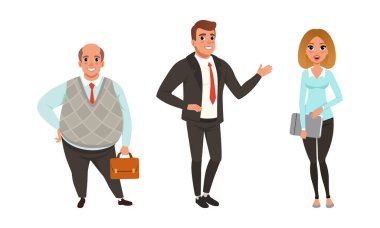 İş Adamları Set, İş Adamları ve İş Kadını Karakterleri Ofis Giysileri, Ön Görüş Çizgi Filmi Vektör İllüstrasyonu