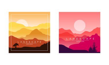 Sunrise and Sunset 'teki güzel dağ manzarası, Peaceful Nature Background, Banner, Poster, Kapak Set Vector Illustration