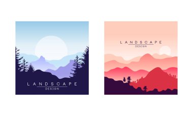 Sunrise and Sunset 'teki güzel Huzurlu Dağ Manzarası, Majestic Nature Background, Banner, Poster, cover Set Vector Illustration