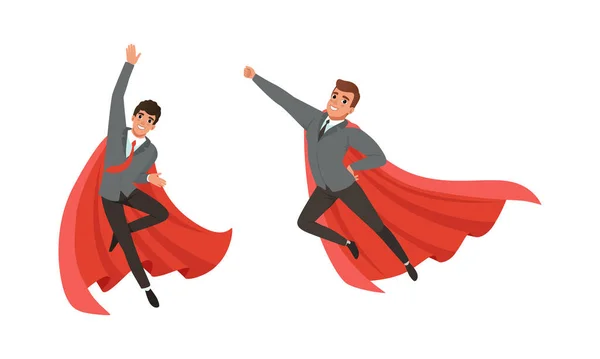 Superhero Business People in Red Capes in Action Set, Personajes exitosos de hombres de negocios, Liderazgo y Concepto de Victoria Ilustración de Vectores de Dibujos Animados — Archivo Imágenes Vectoriales