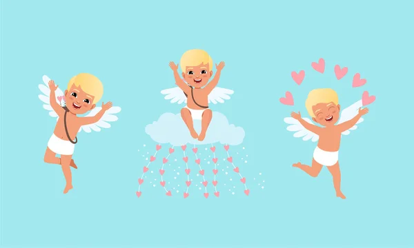 Cute Happy Boys Cherubs with Wings Set, Joyful Lovely Baby Cupid Characters in Different Actions Cartoon Vector Illustration — Stock Vector