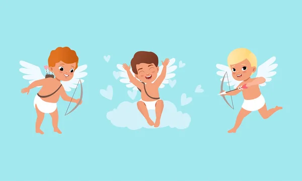 Lindo bebé querubines ángeles con alas conjunto, lindos niños encantadores personajes de Cupido tiro con arco de dibujos animados Vector ilustración — Vector de stock