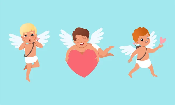 Cute Baby Cherubs with Wings Set, Funny Lovely Boys Cupid Characters in Different Actions Cartoon Vector Illustration — Stock Vector