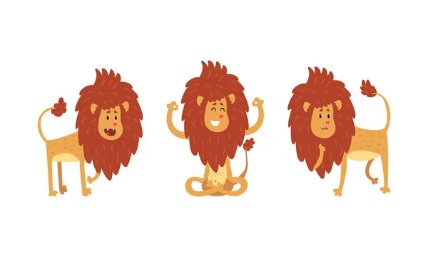 Personagens bonitos do leão em conjunto de ações diferentes, animal africano engraçado em várias posições ilustração do vetor dos desenhos animados — Vetor de Stock