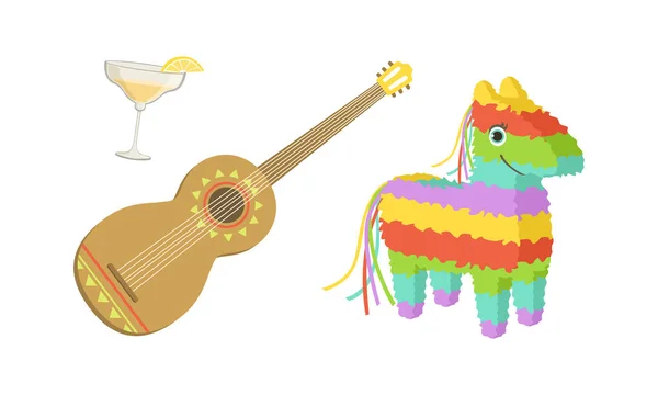 Traditionella kulturella symboler för Mexiko Set, Pinata, spanska gitarr och glas Tequila Cartoon vektor Illustration — Stock vektor