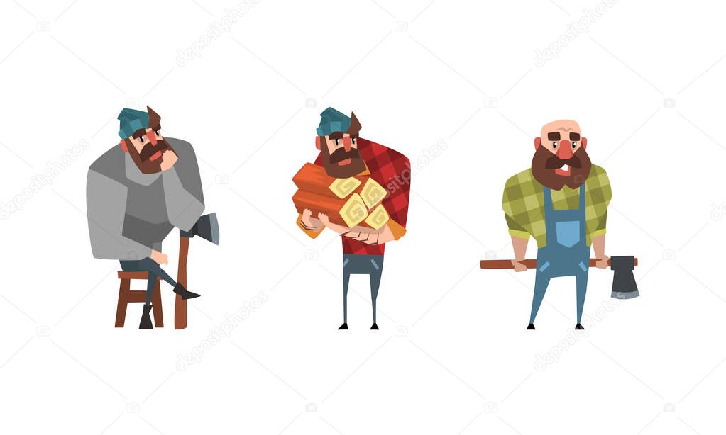 Bearded Lumberjack in Action Set, Powerful Woodcutter Character in Plaid Shirt Cartoon Vector Illustration