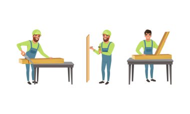 Profesyonel Sakallı Adam Marangoz Testeresi ve çivi ve çekiç vektör setiyle tahta döşeme