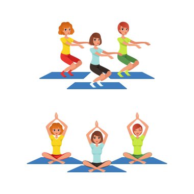 Yoga Yapan Genç Kadın ve Mat Vektör Kümesinde Gecekondu