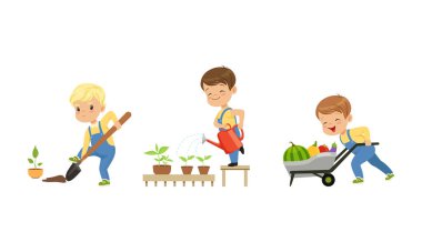 Şirin Küçük Çocuk Deliği Kürekle Kazıyor, Bitkileri Sulaıyor ve Kırpıcı Vector Seti ile Çekici El Arabası Topluyor