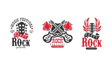 Rock Müzik Festivali Logo Şablonları Ayarlandı, Ağır Kaya Retro Rozetleri Vektör Resimleri