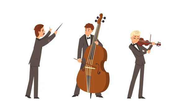 Male Musicians of Symphonic Orchestra Playing Various Musical Instruments Vector Set — Stock Vector