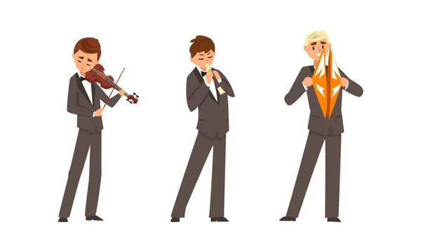 Mužští hudebníci symfonického orchestru hrají na různé hudební nástroje — Stockový vektor