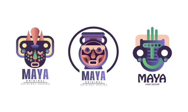 Maya Logo Original Design with Ethnic Mask Vector Set — Stock Vector